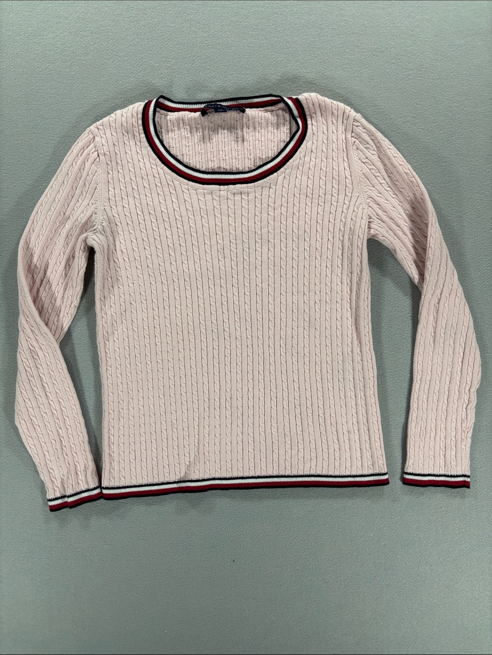 Tommy Hilfiger Classic Cable Knit Pink Sweater with Stripe Trim S cotton